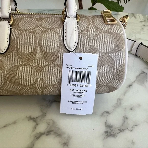 NWT COACH Lacey Barrel Crossbody Signature Canvas Gold Light Khaki Chalk CK689